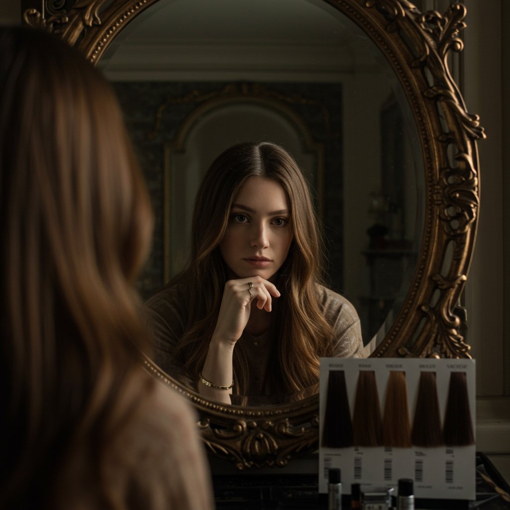 Woman Contemplating Hair Change In Mirror