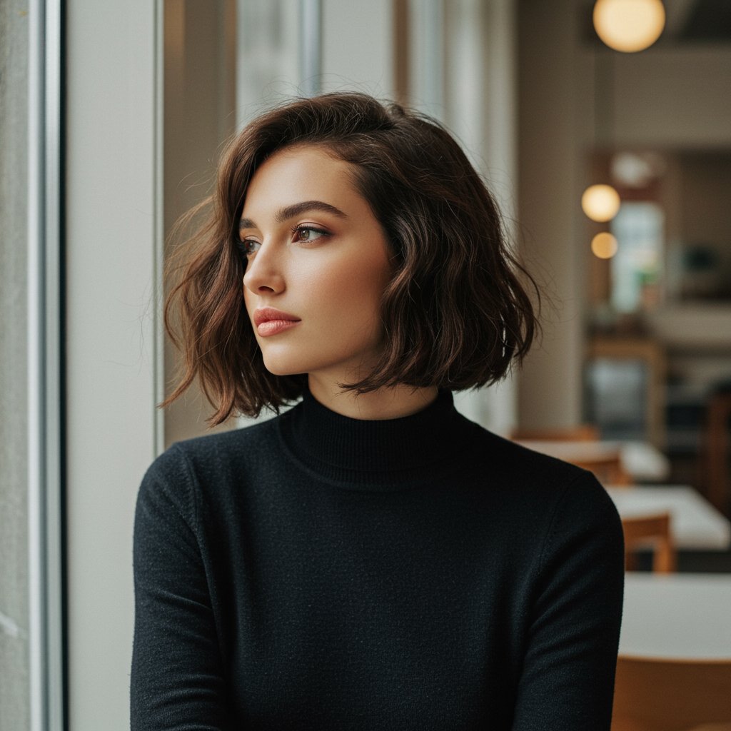 Woman With Chic Bob In City Cafe