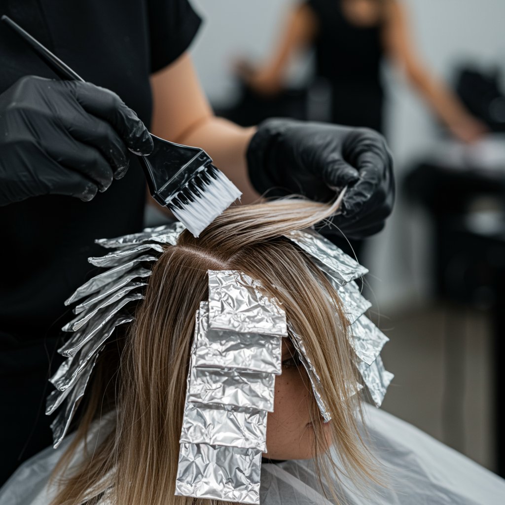 Colorist Applying Lightener With Foils