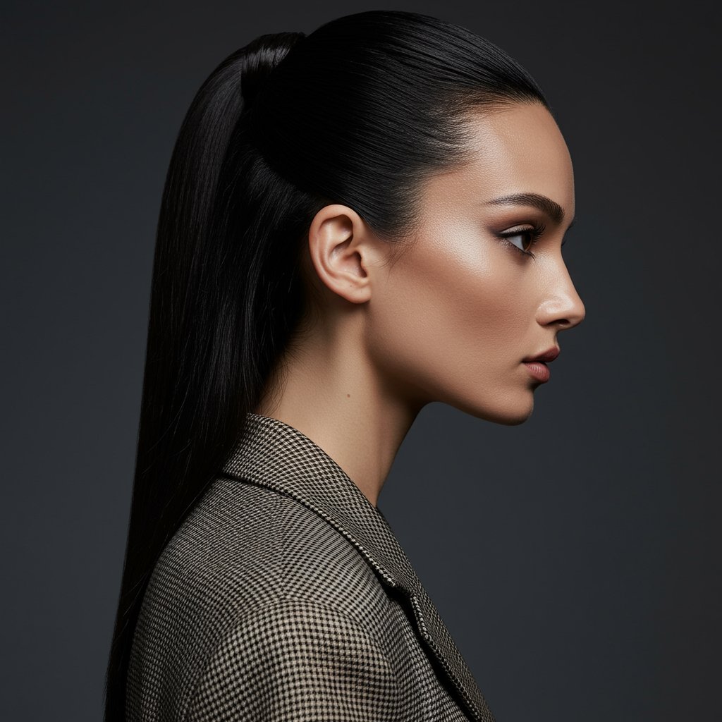 Model With Sleek High Pony Half Up Hairstyle