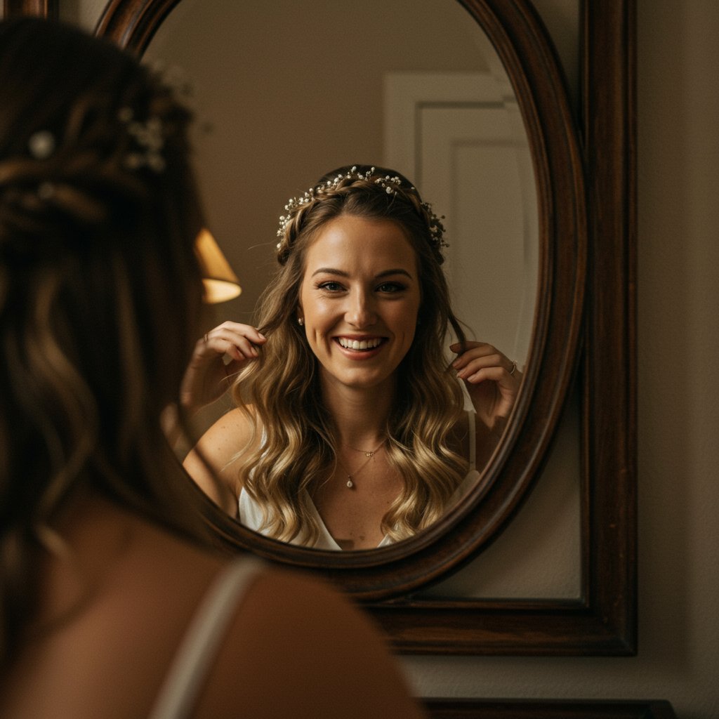 Woman Admiring Her Diy Hairstyle In Mirror