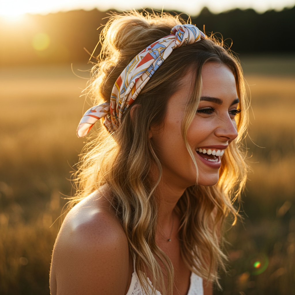 Woman With Messy Top Knot And Scarf Outdoors