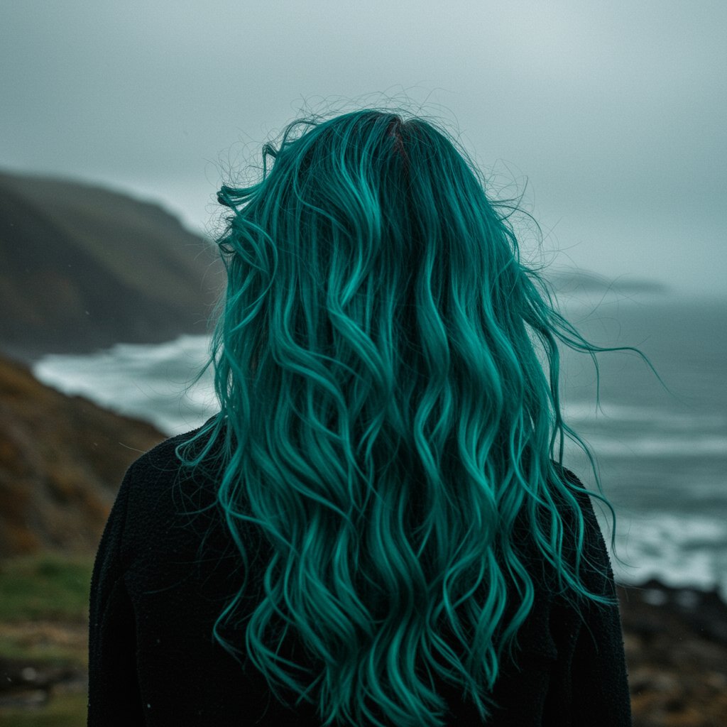 Woman-With-Oceanic-Teal-Hair-By-The-Sea
