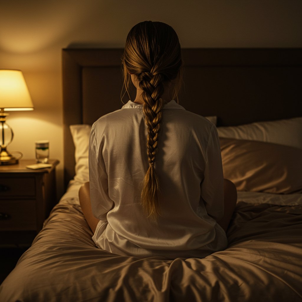 Woman Braiding Hair Before Bed