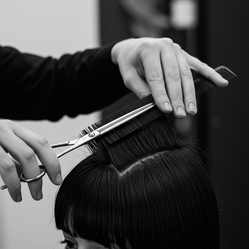 Hairstylist Precisely Cutting Bangs In Salon