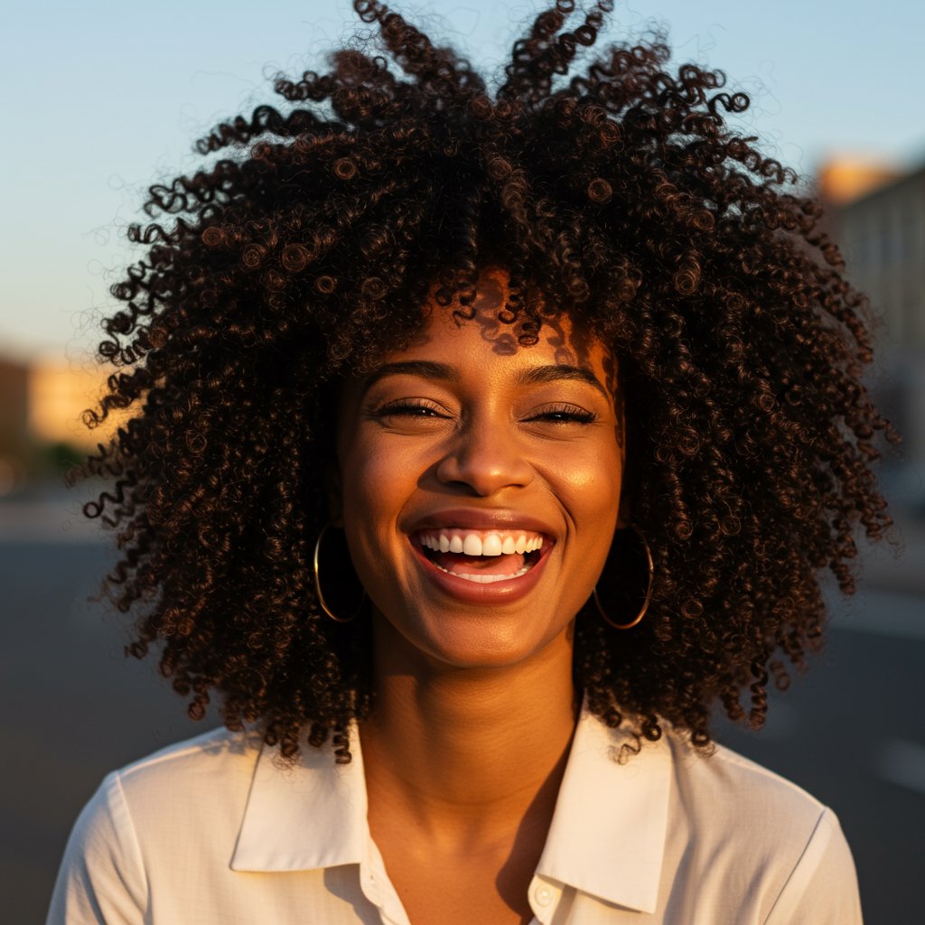 Woman With Natural Curly Hair And Curly Bangs