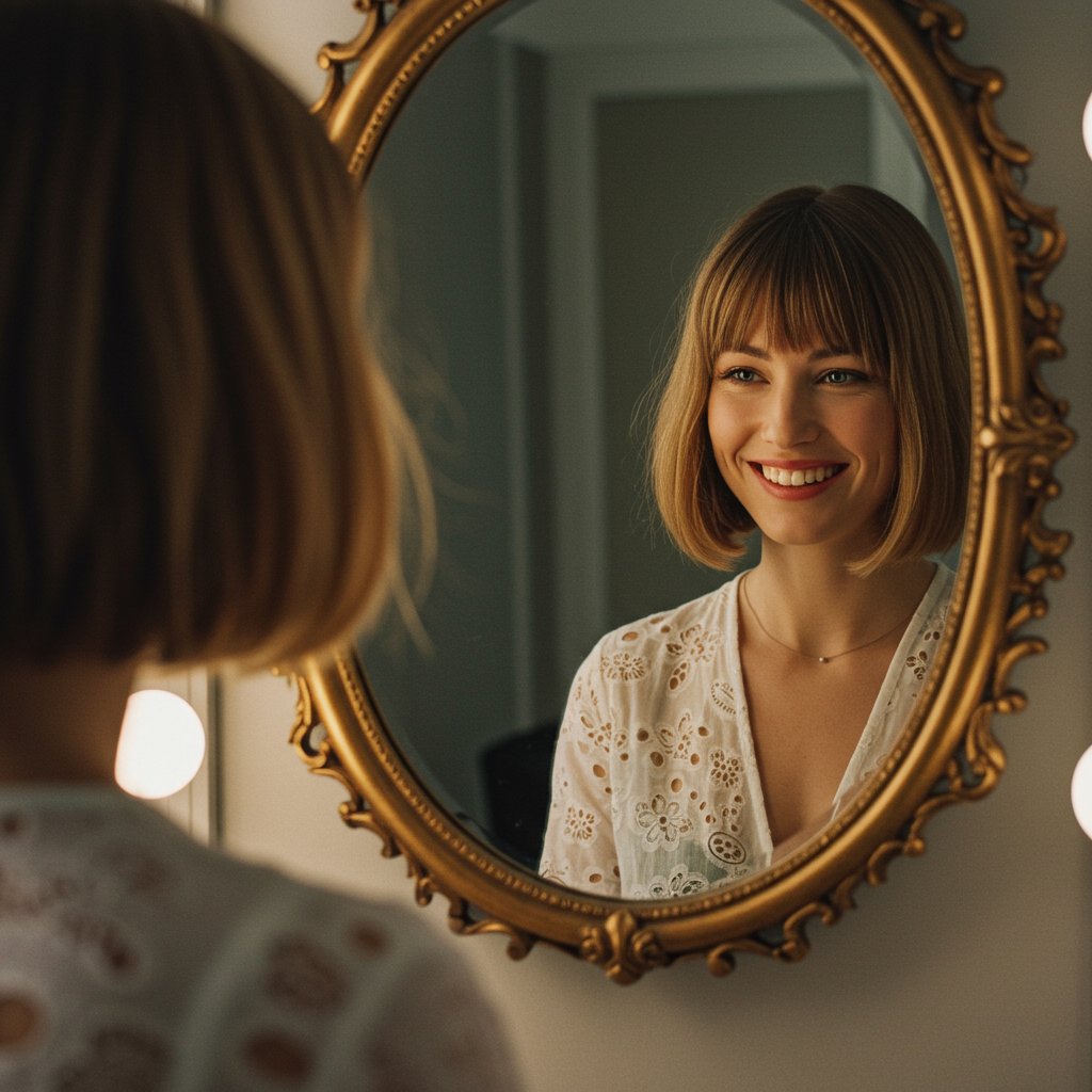 Woman With New Bangs Looking In Mirror