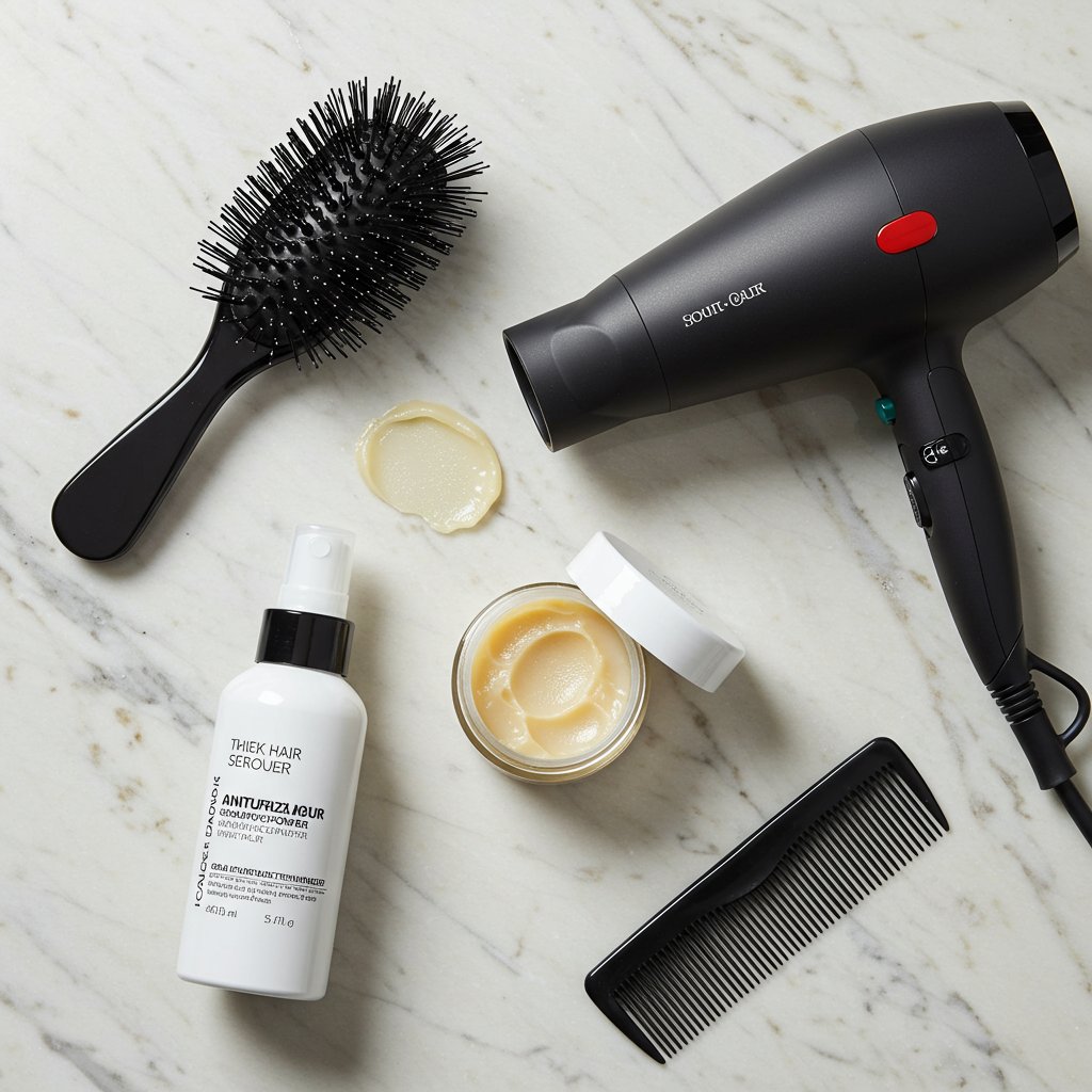 Flat-Lay-Of-Styling-Products-For-Thick-Hair