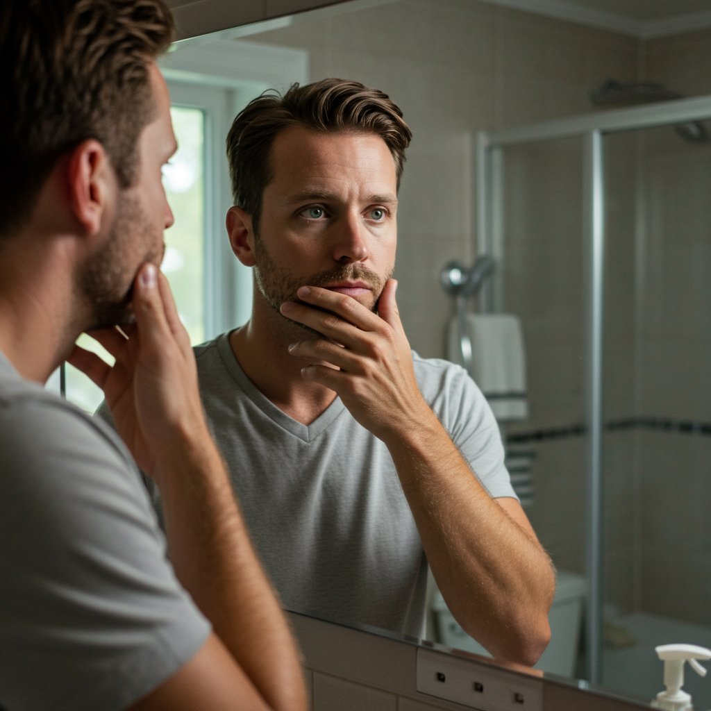 Man-Determining-Face-Shape-In-Mirror