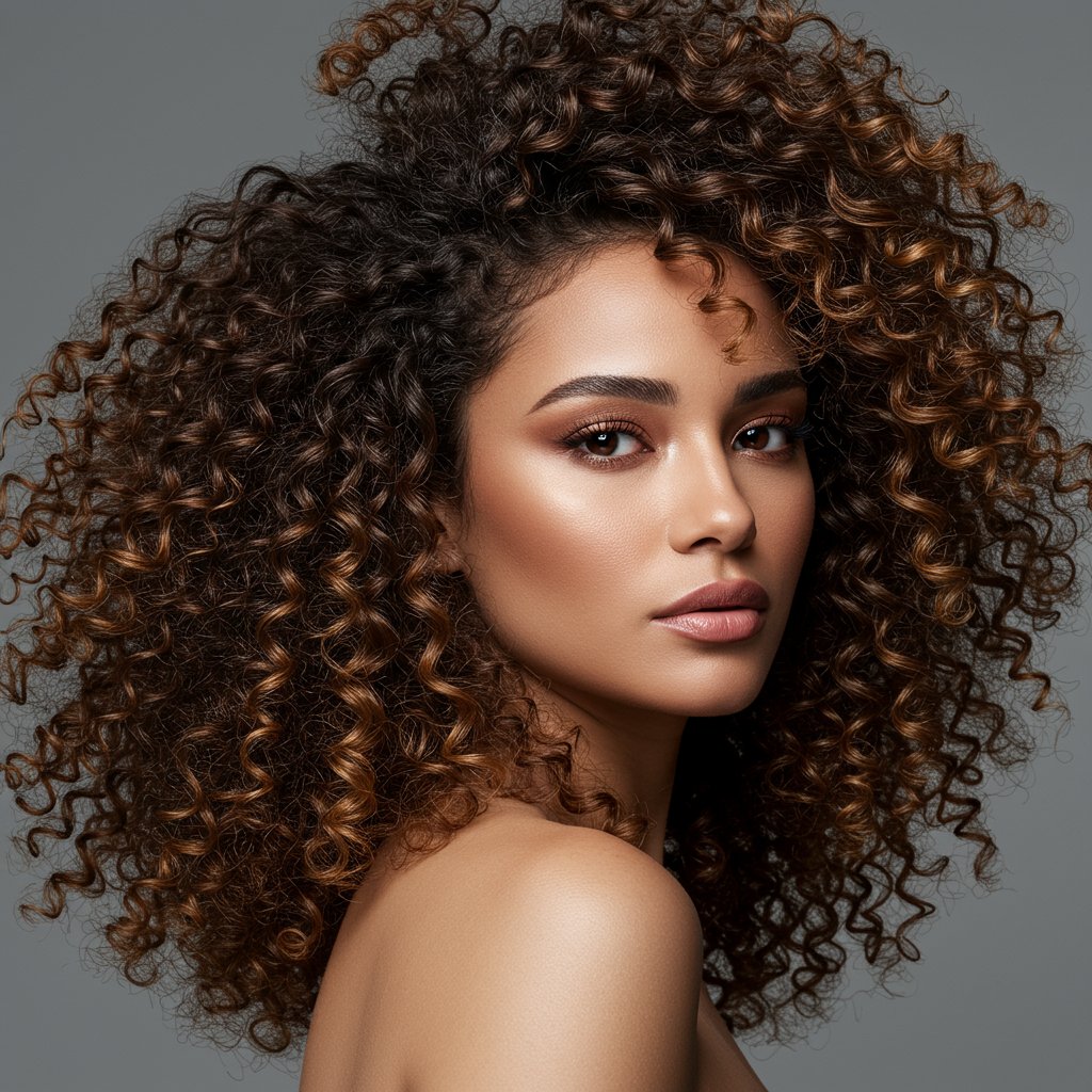 Woman With Curly Hair In Half Up Style