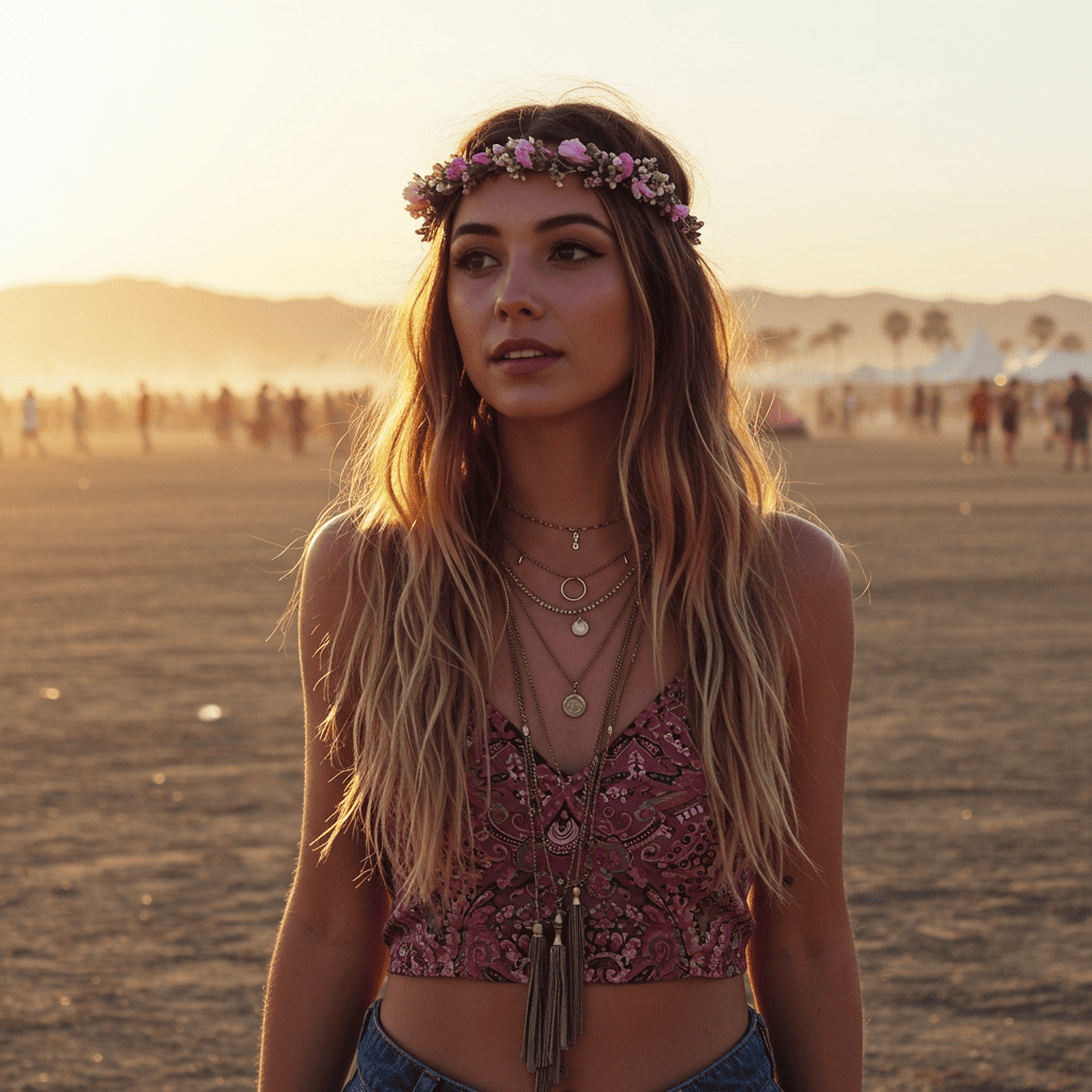 Young woman with bohemian festival waves at golden hour