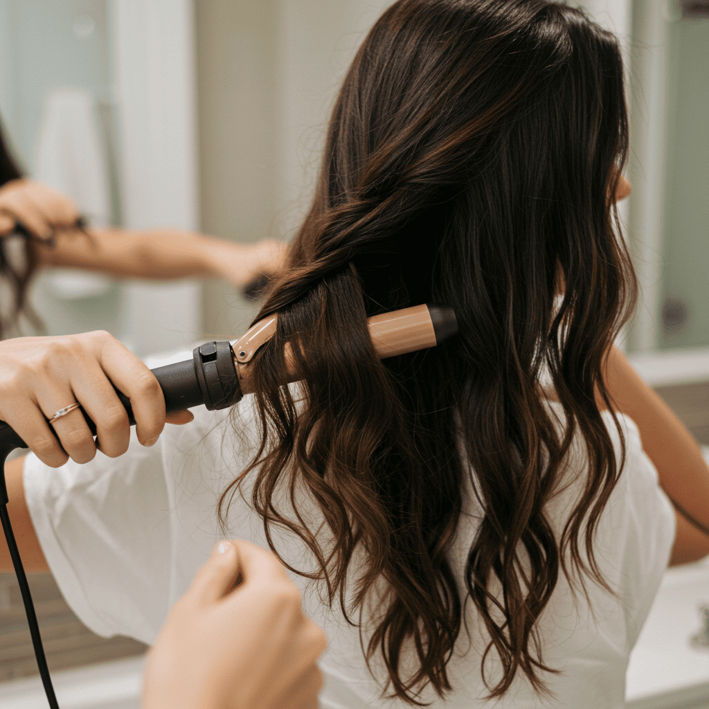 Woman demonstrating boho wave curling technique