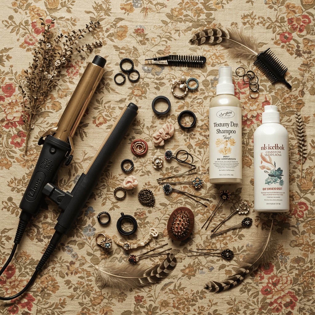 Boho hair styling tools and products flatlay
