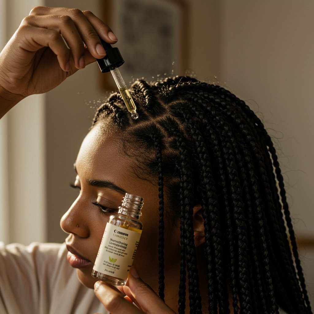 Woman Oiling Scalp With Braids