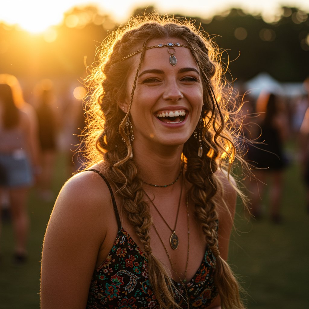 Woman At Festival With Goddess Braids