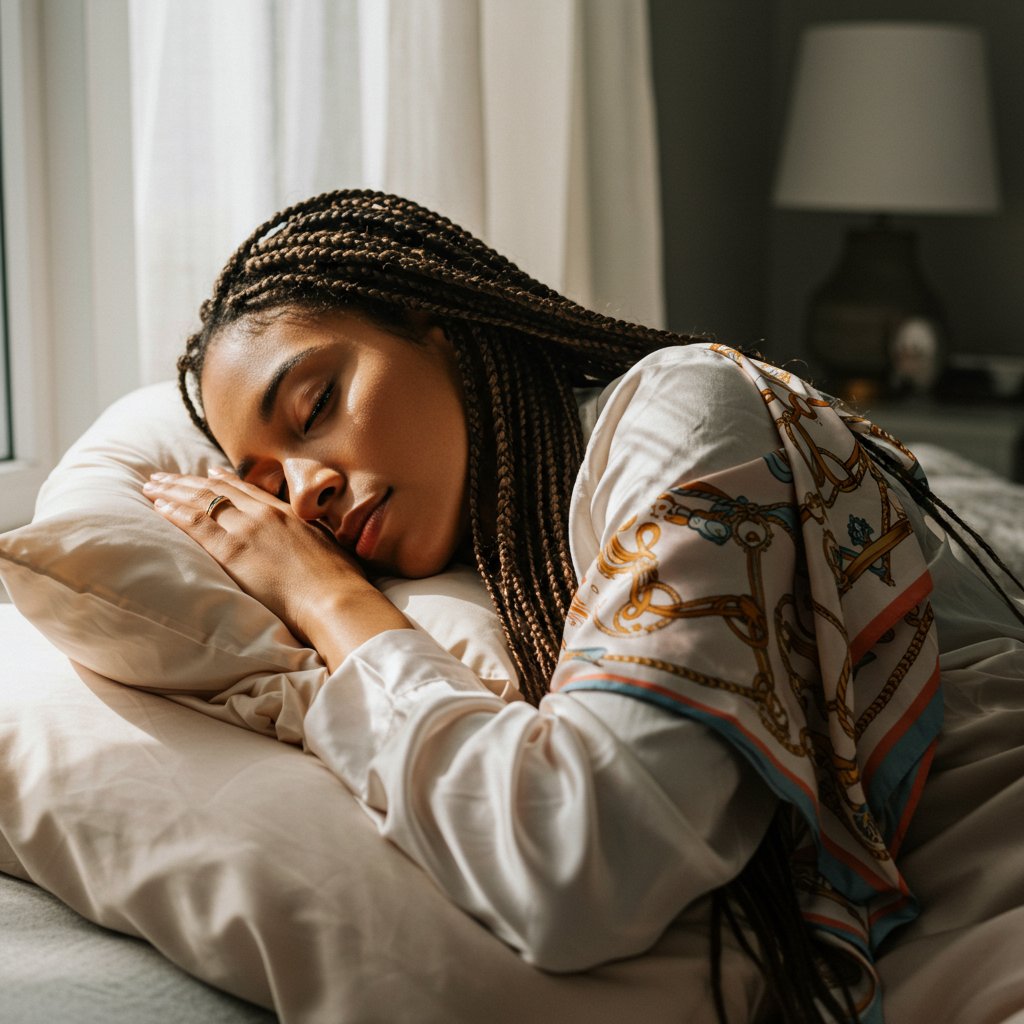 Woman Sleeping With Braids In Silk Scarf