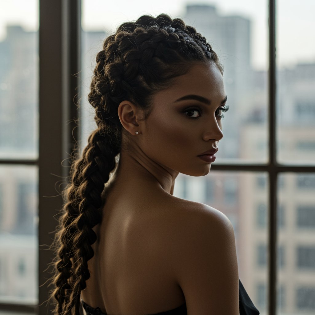 Woman With Intricate Braided Hairstyle Looking Over Shoulder