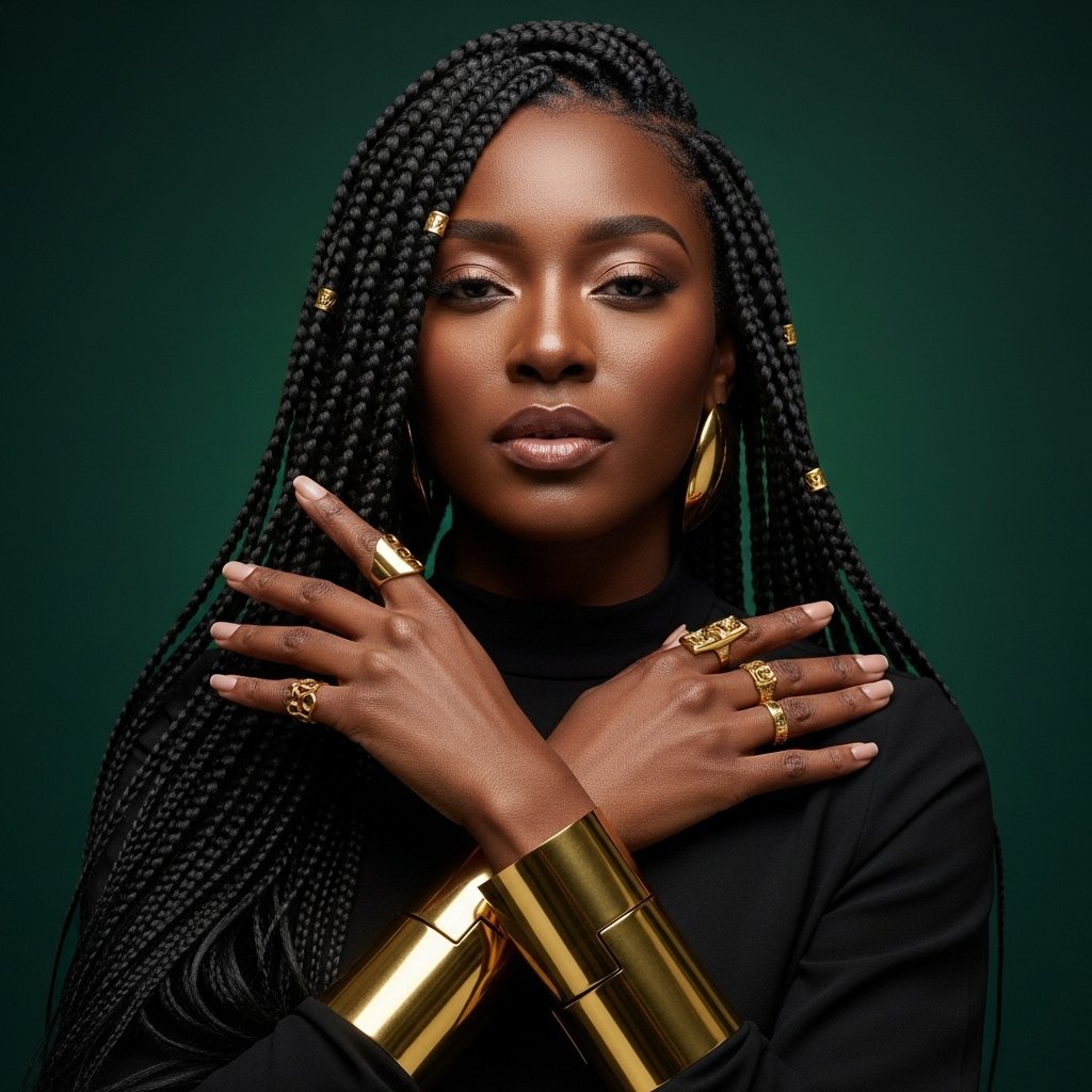 Woman With Long Box Braids And Gold Cuffs