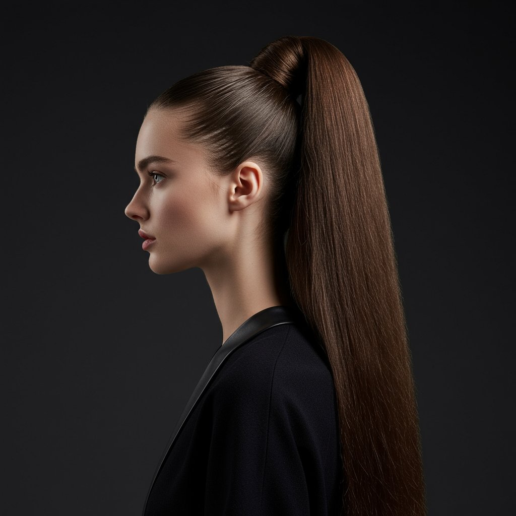 Model With Sleek High Braided Ponytail