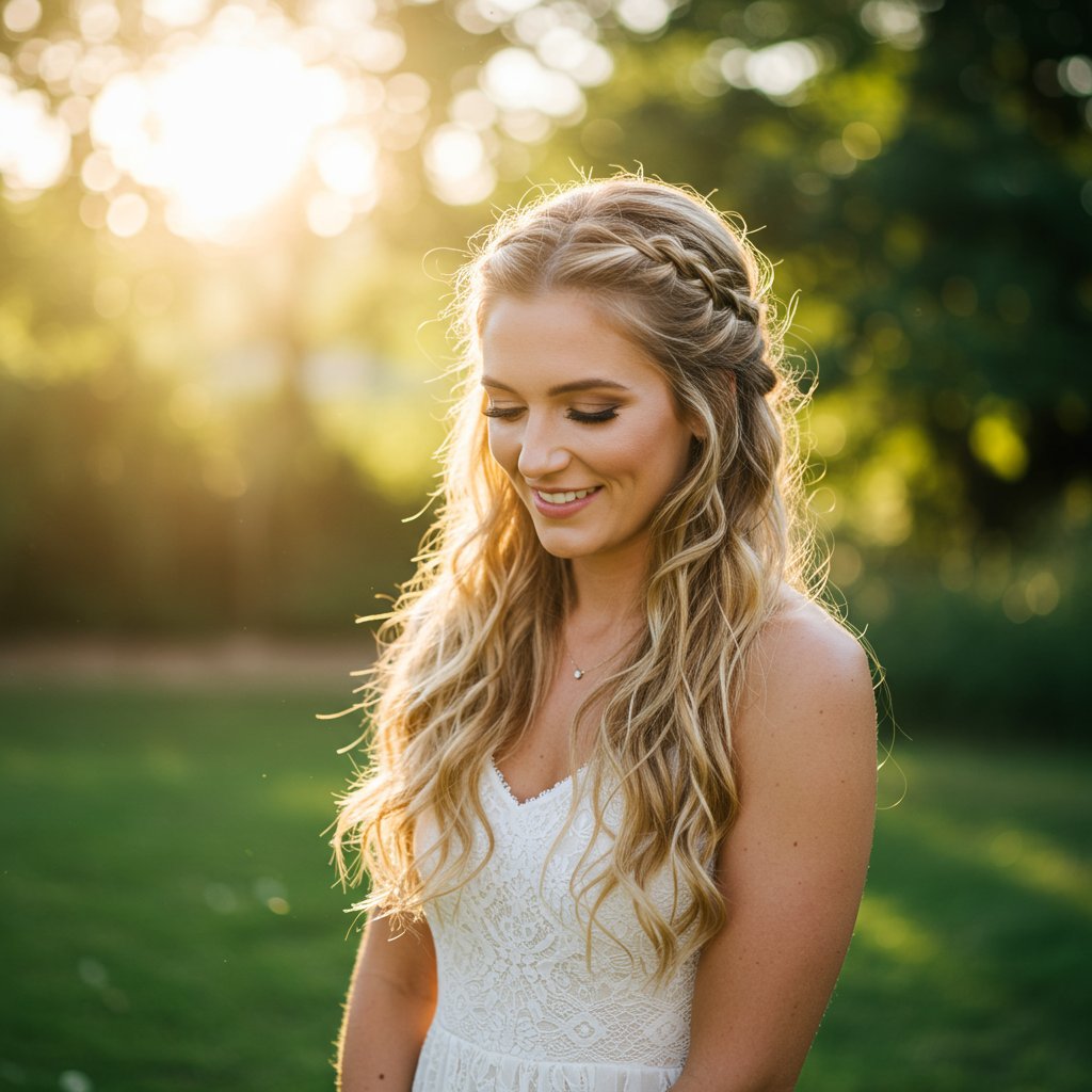 Woman-With-Waterfall-Braid-In-Sunlit-Garden
