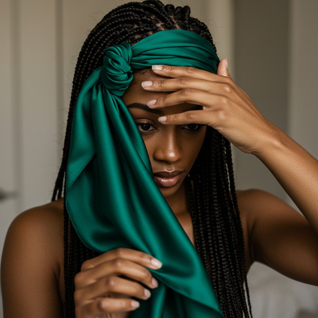 Woman-Wrapping-Braids-In-Silk-Scarf