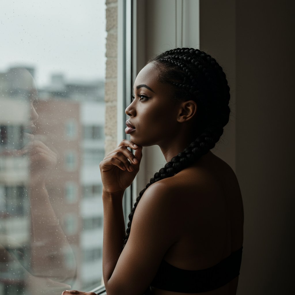 Woman-With-Elegant-Braid-Looking-Out-Window