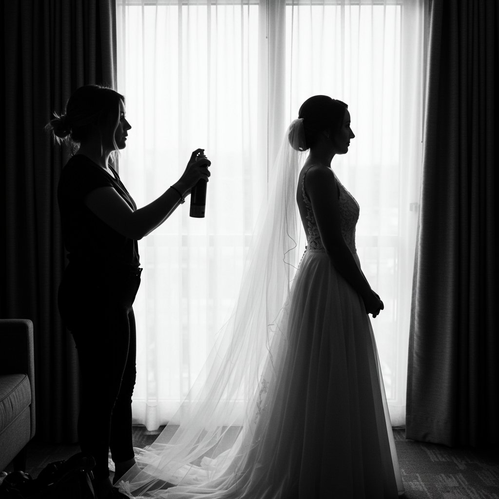 Stylist-Doing-Final-Touch-Ups-On-Bride-Wedding-Day