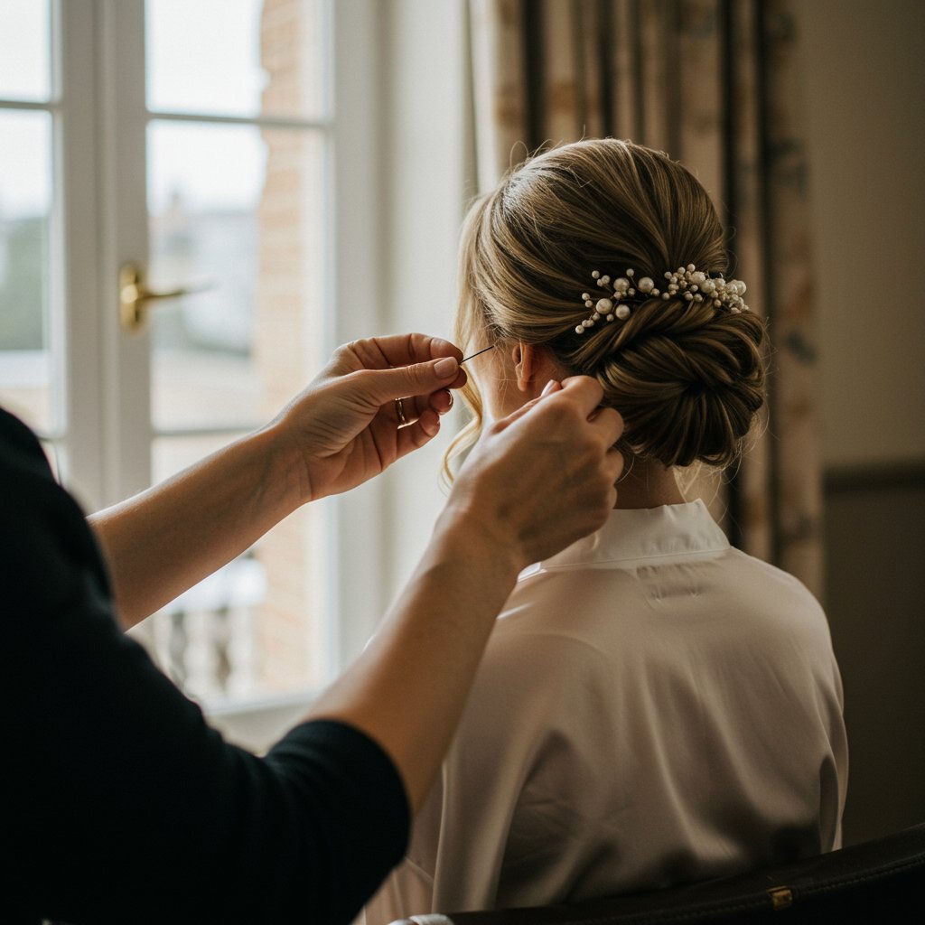 Stylist-Working-On-Bride-Hair-In-Soft-Light