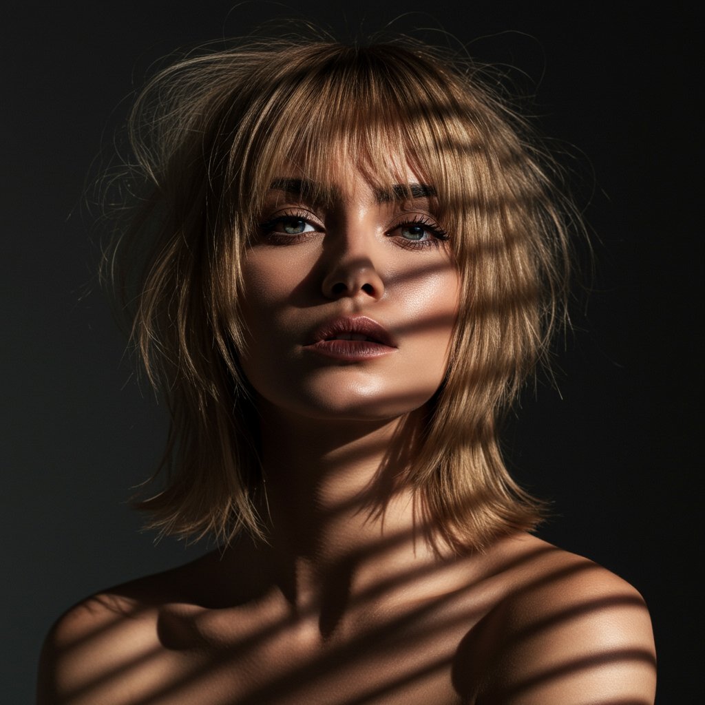 Model With Short Edgy Butterfly Cut And Bangs