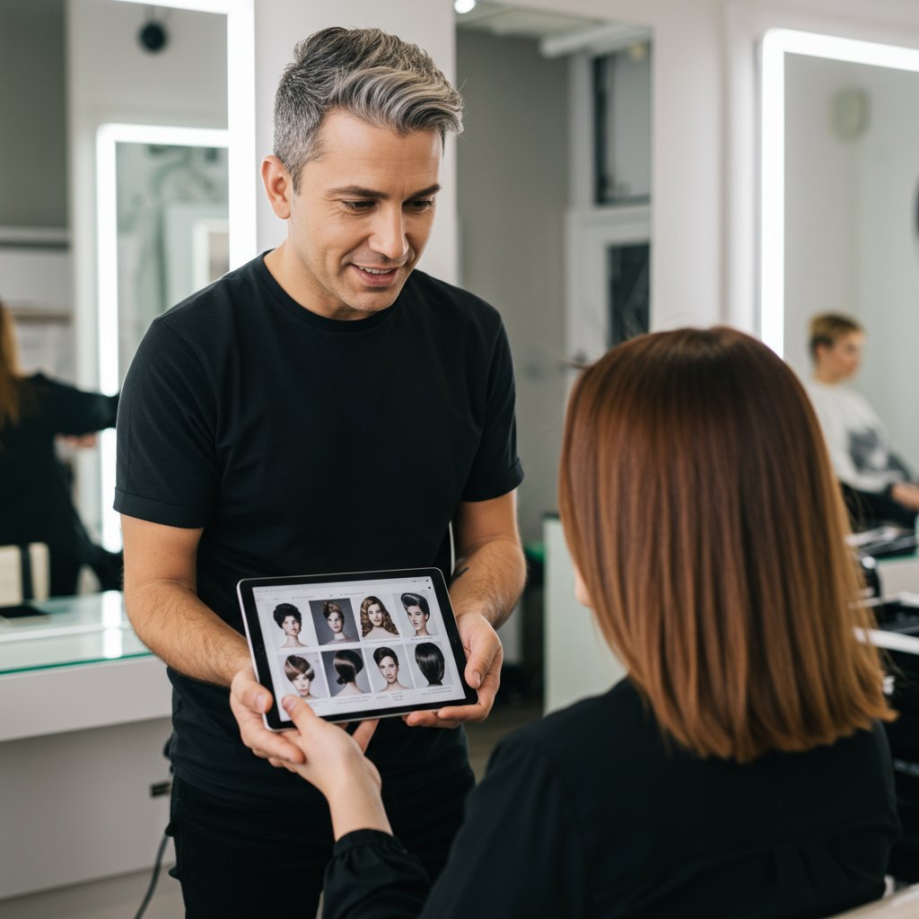 Stylist Consulting With Client About Butterfly Cut