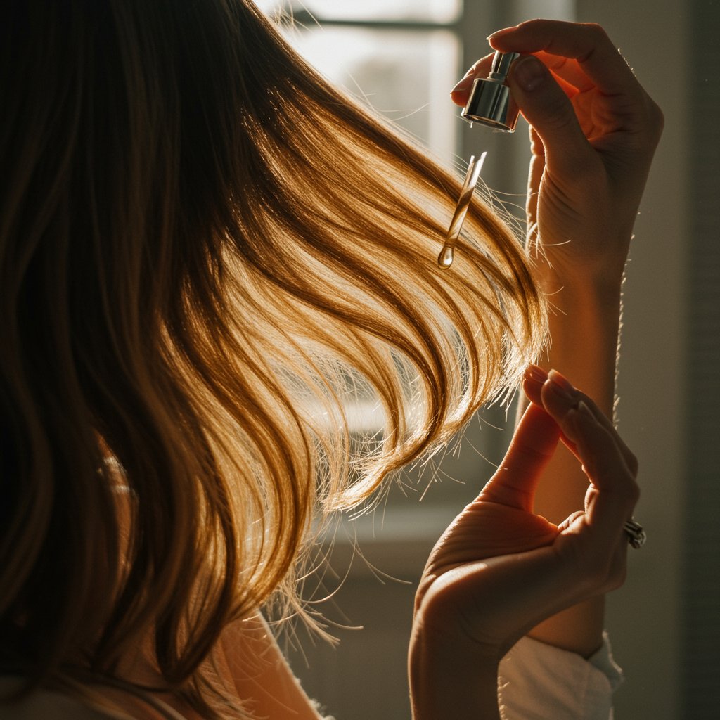 Woman Applying Serum To Butterfly Cut Ends