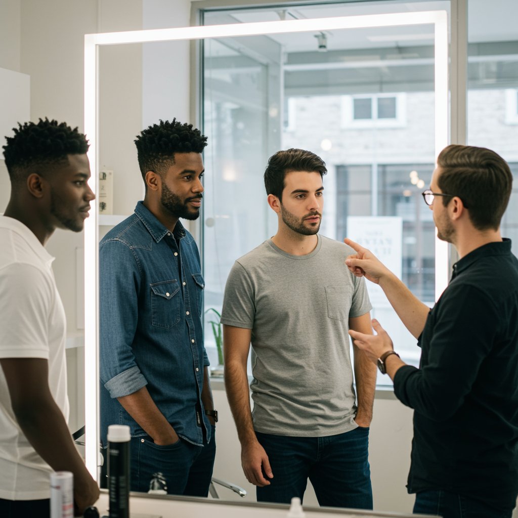 Diverse Men Analyzing Hairstyles