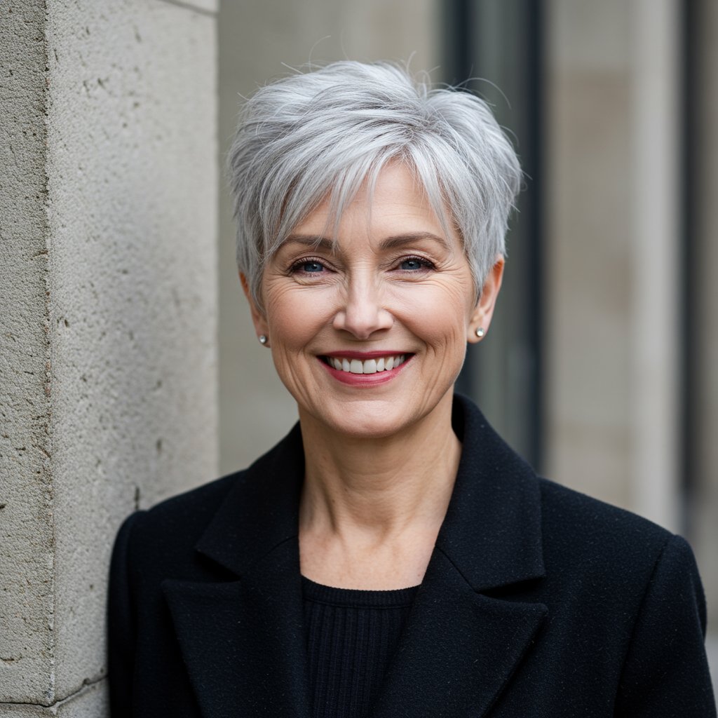 Elegant-Woman-With-Oyster-Gray-Pixie-Cut