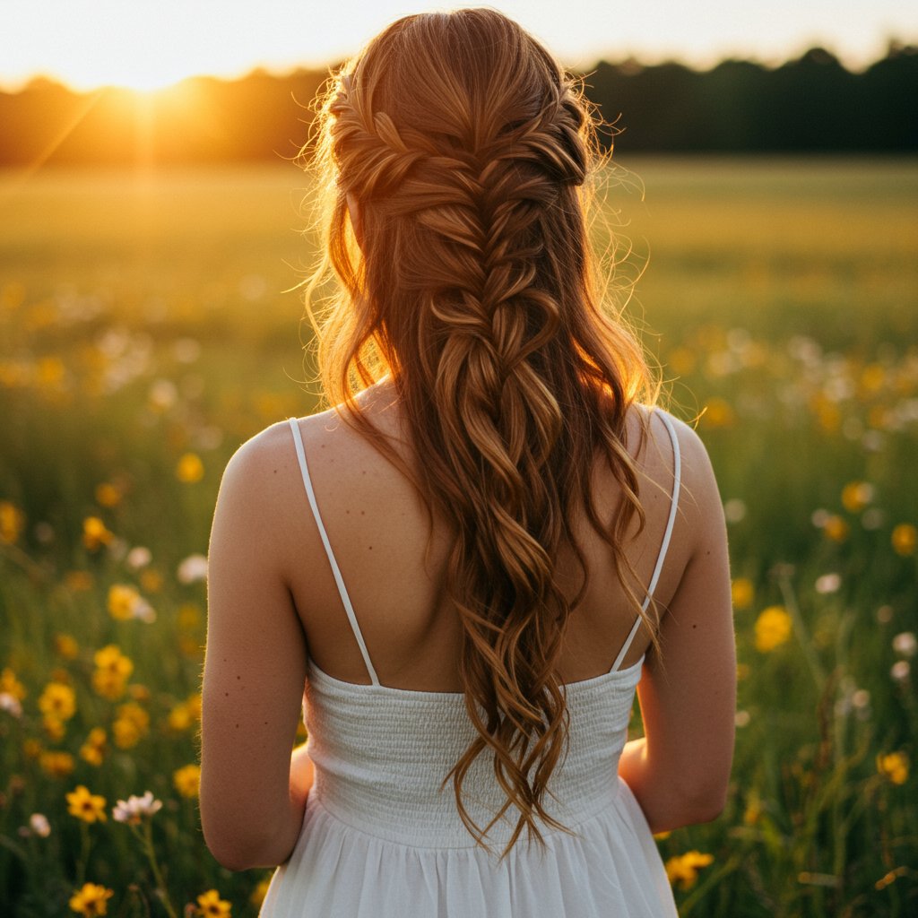 Woman With Waterfall Braid In Field