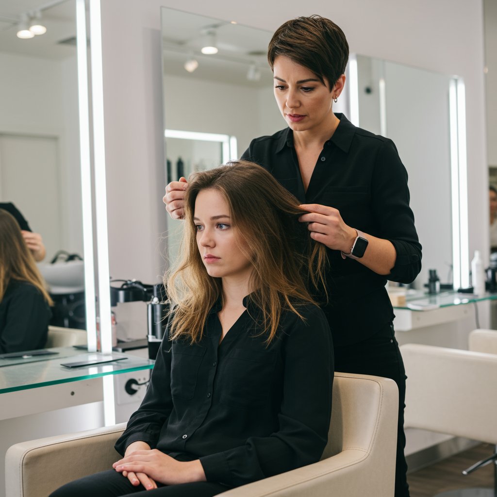 Client Having Consultation With Hairstylist In Salon