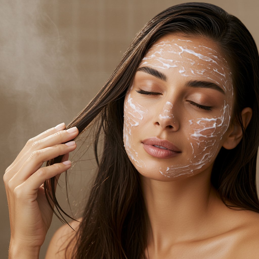 Woman Applying Deep Conditioning Mask To Healthy Hair
