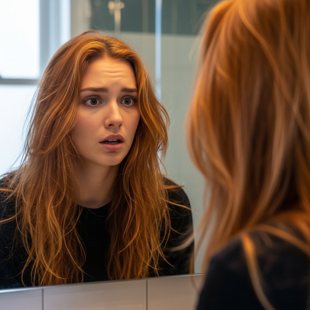 Woman Distressed By Hair Color In Mirror
