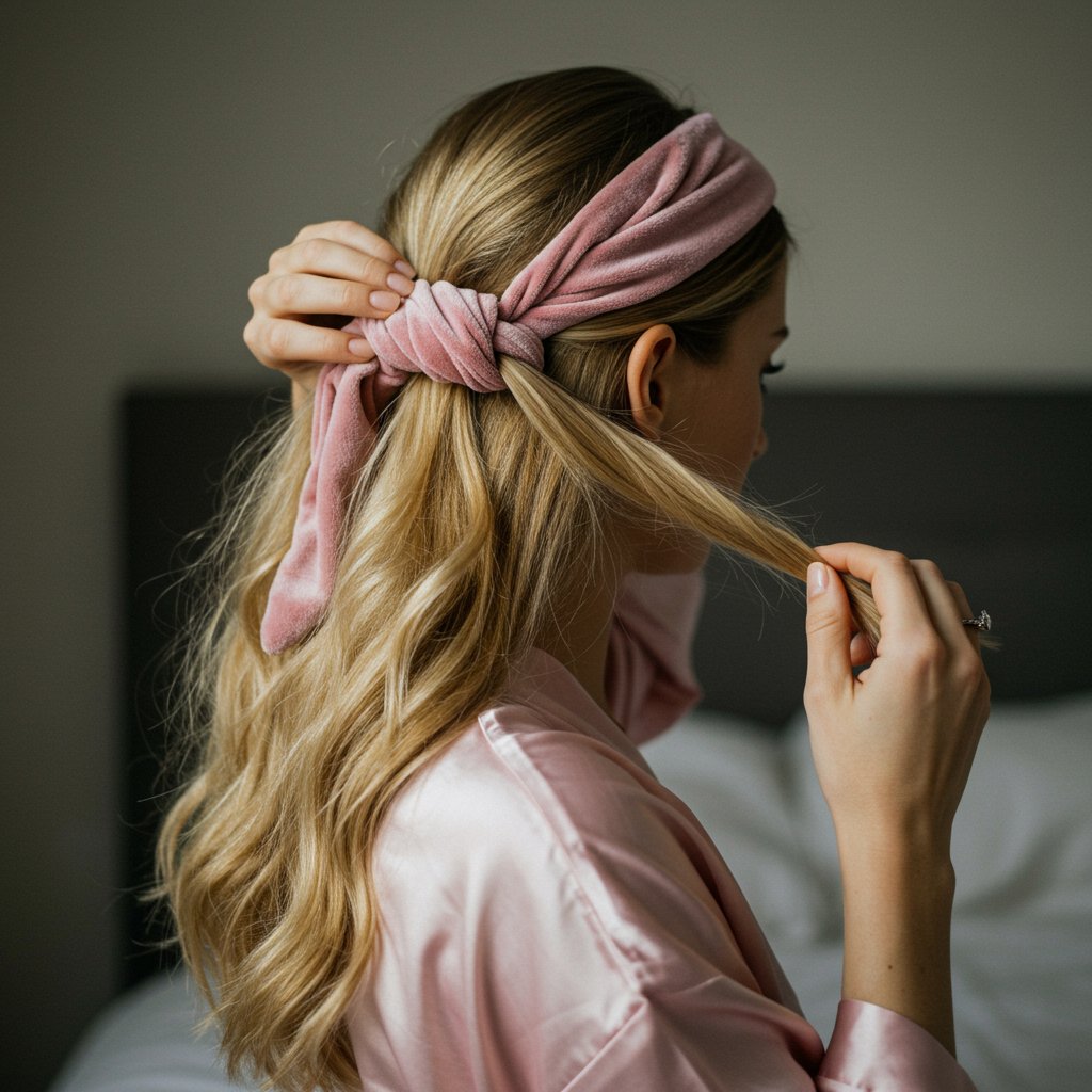 Woman-Wrapping-Hair-Around-Silk-Robe-Tie