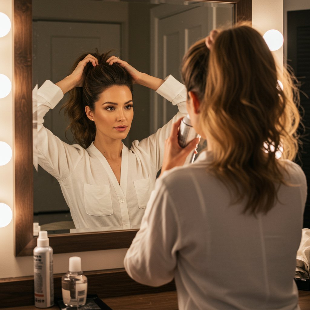 Woman-Perfecting-Ponytail-In-Mirror