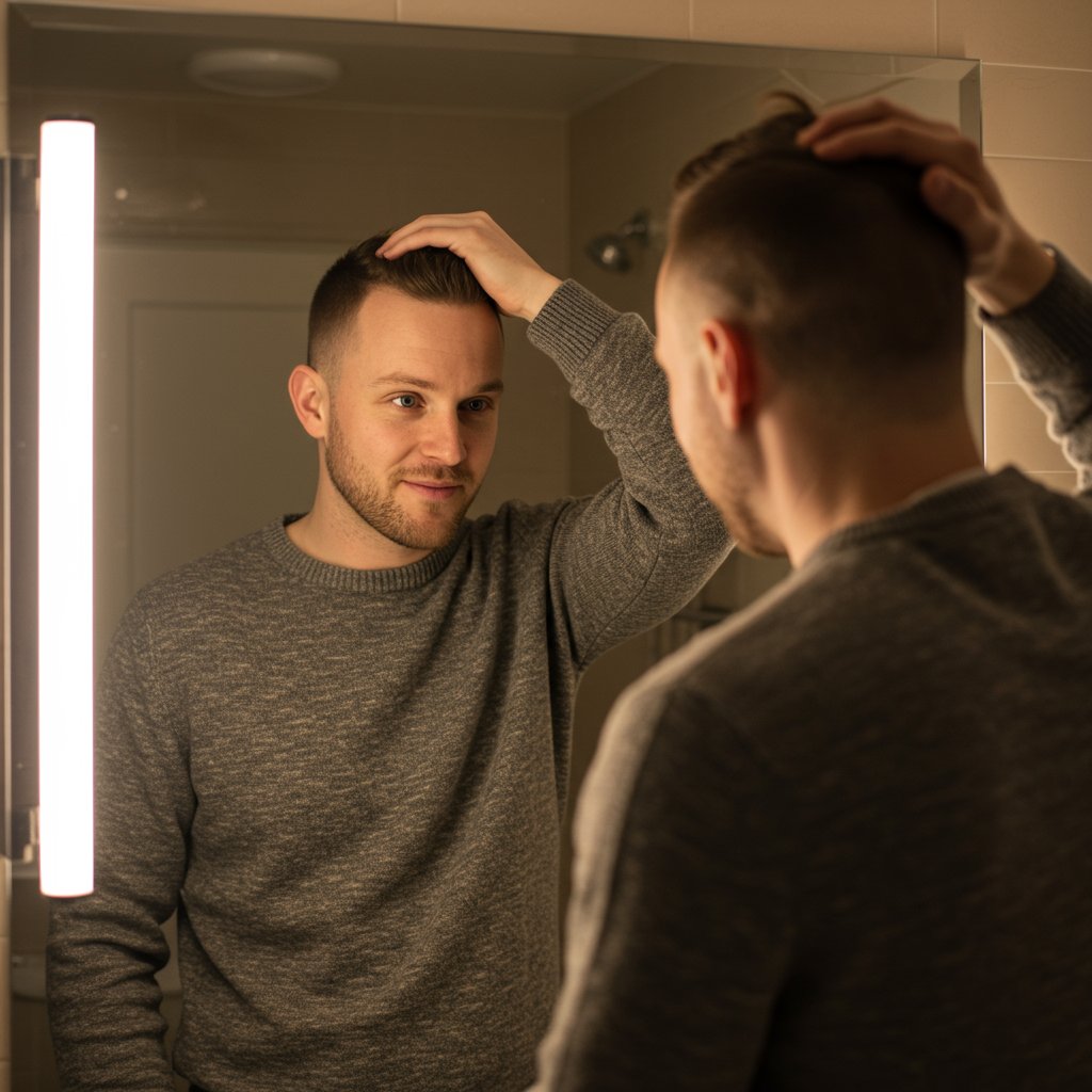 Man Examining Haircut In Mirror