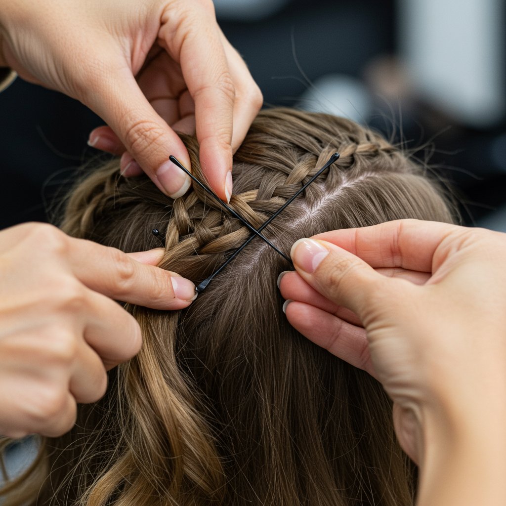 Stylist-Pinning-Crown-Braid-On-Client