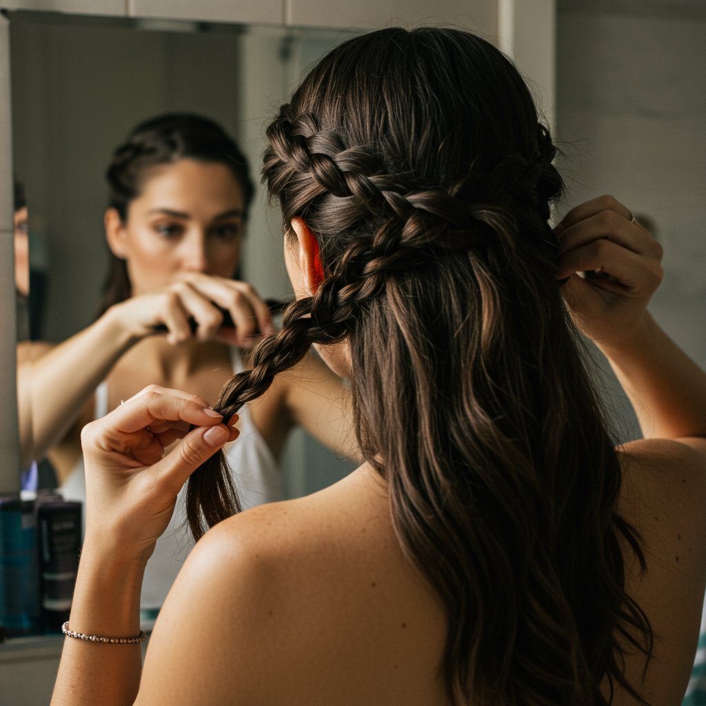 Woman-Braiding-Her-Own-Hair-In-Mirror