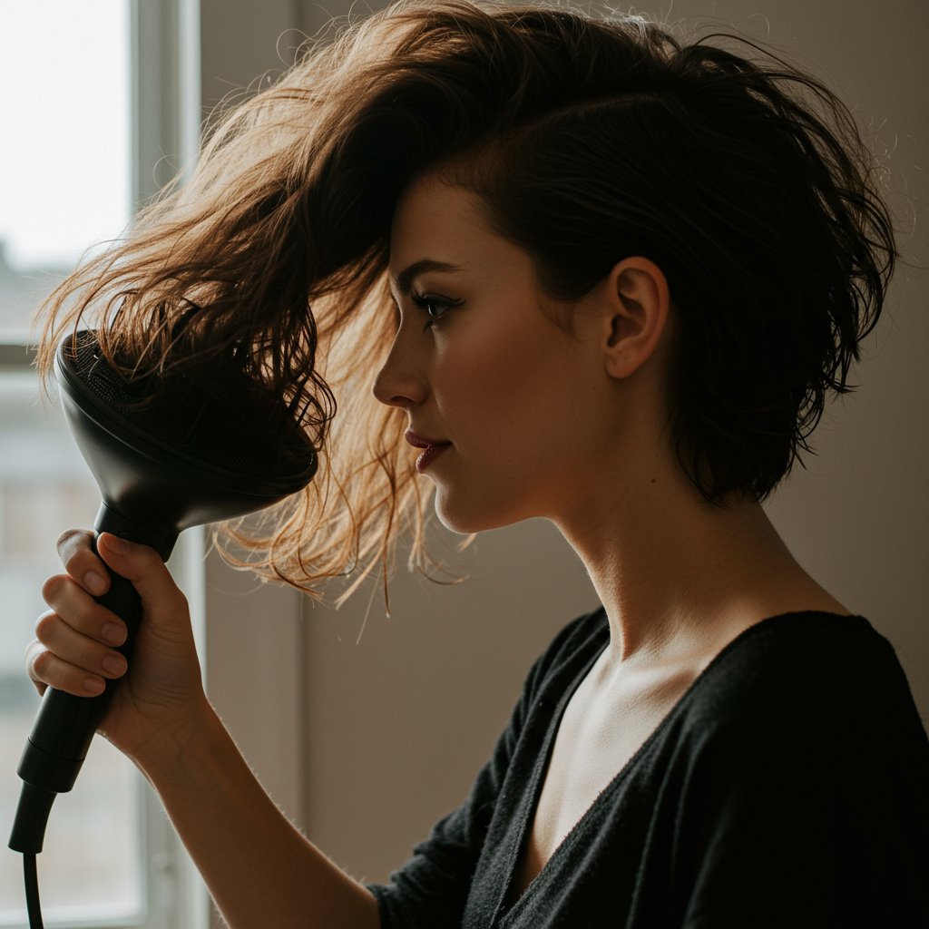 Woman Diffusing Wavy Hair