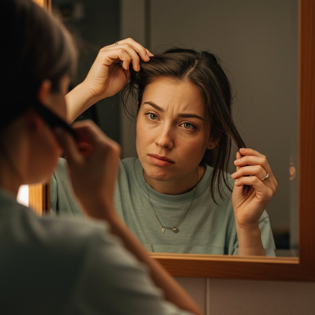Frustrated Woman Fixing Uneven Haircut