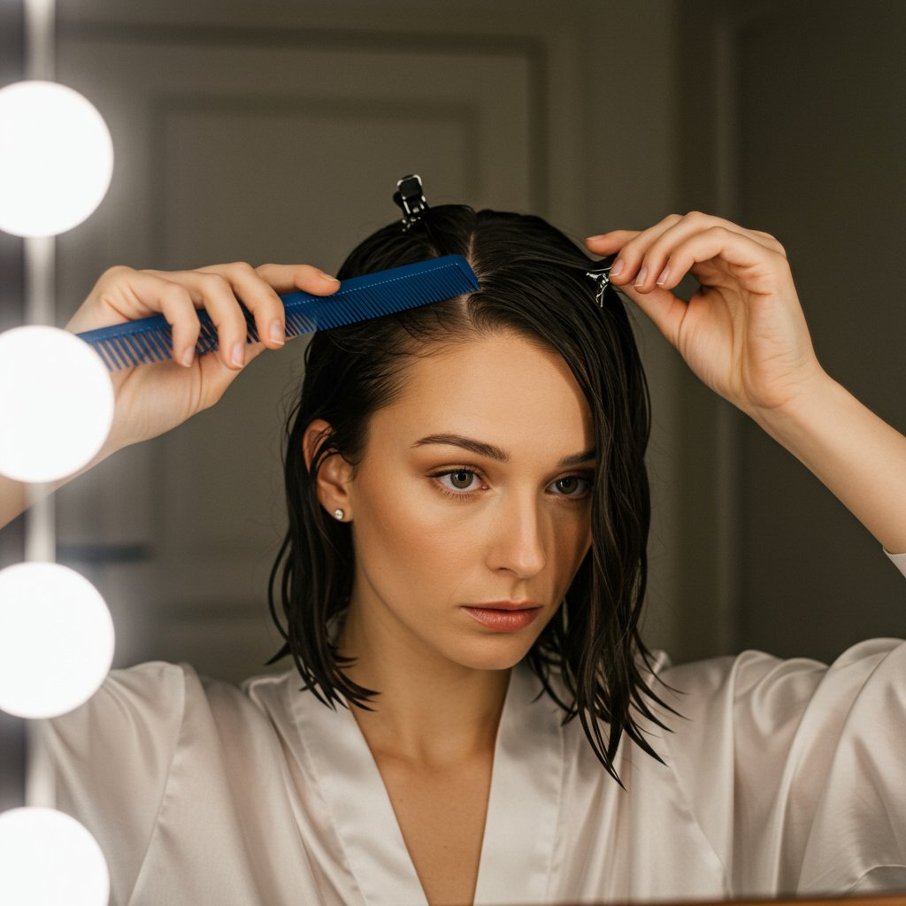 Woman Sectioning Damp Hair