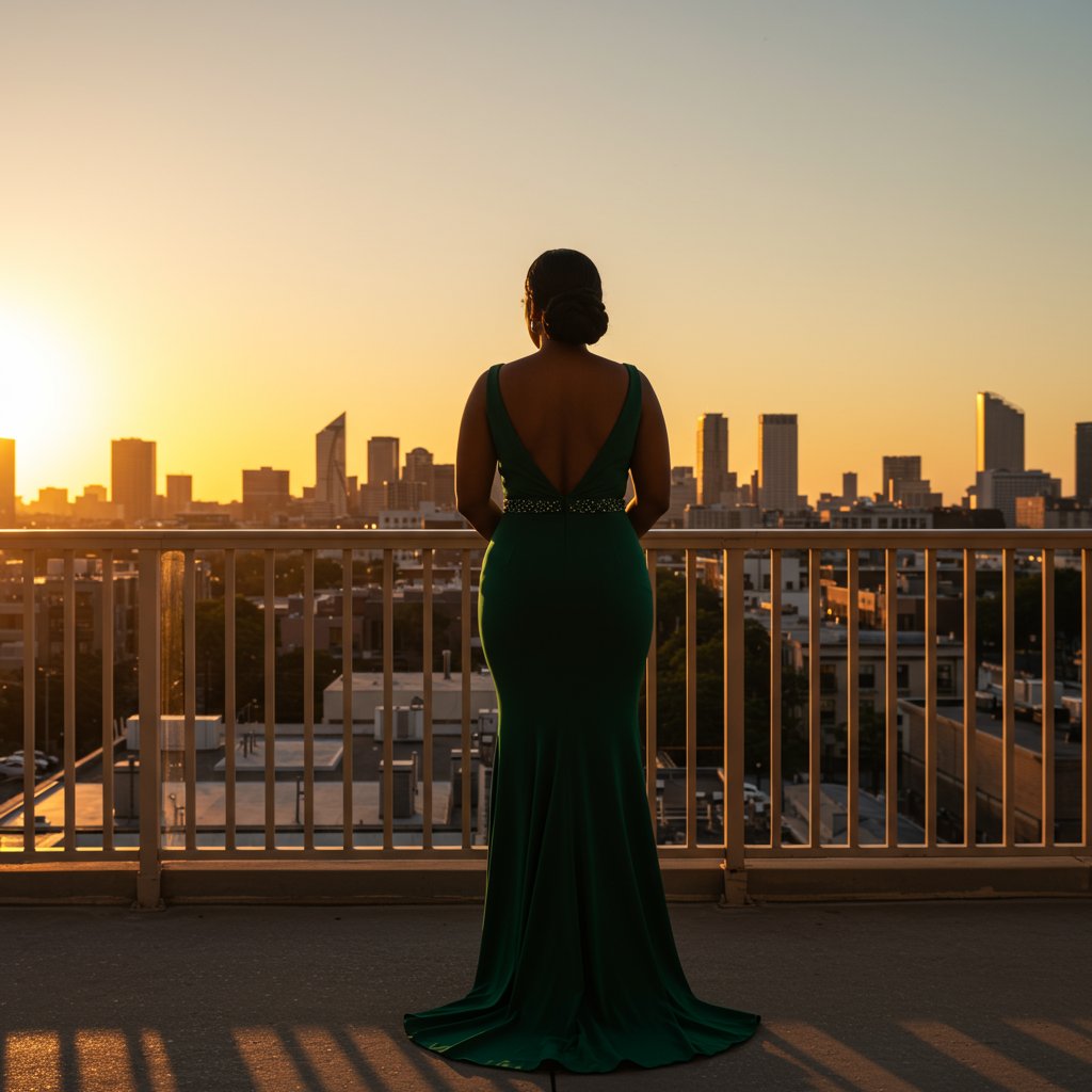 Woman-In-Evening-Gown-With-French-Twist-At-Sunset