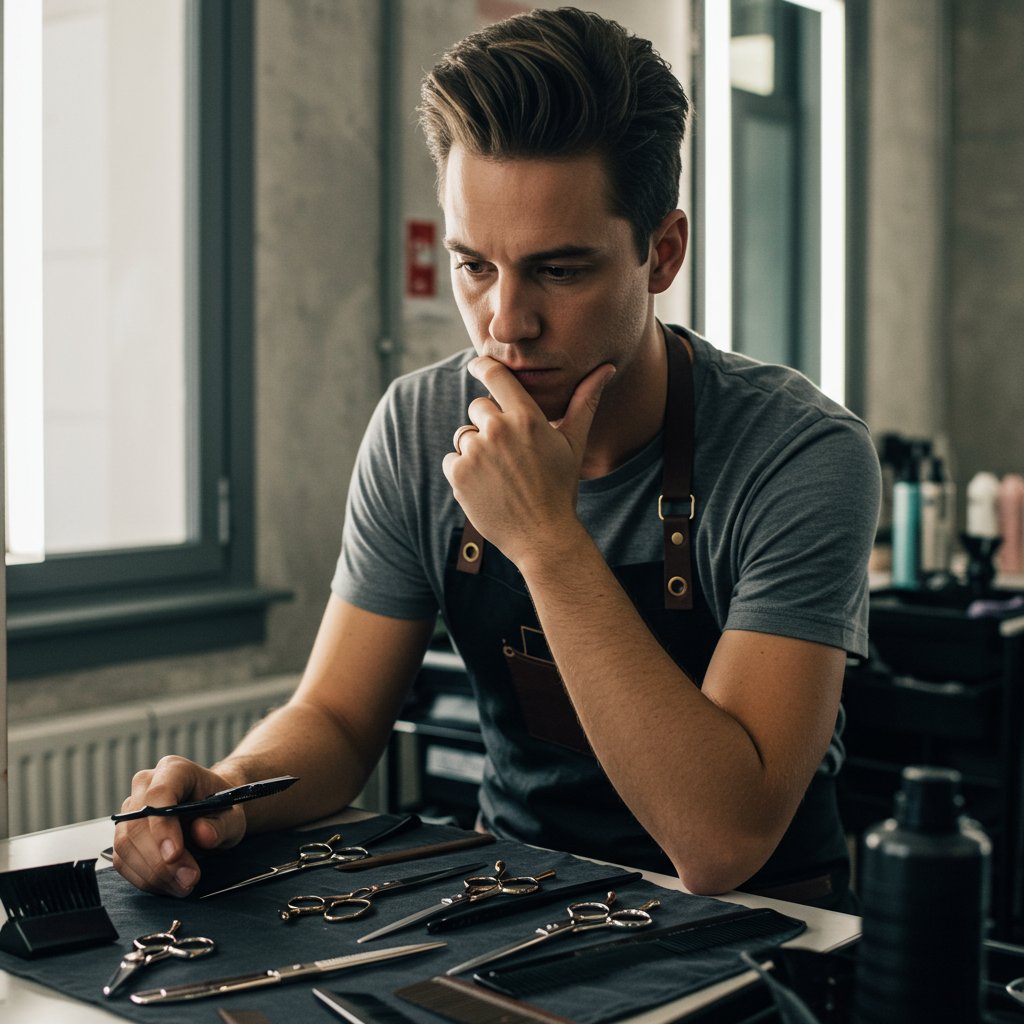 Stylist-Contemplating-Tools-At-Station
