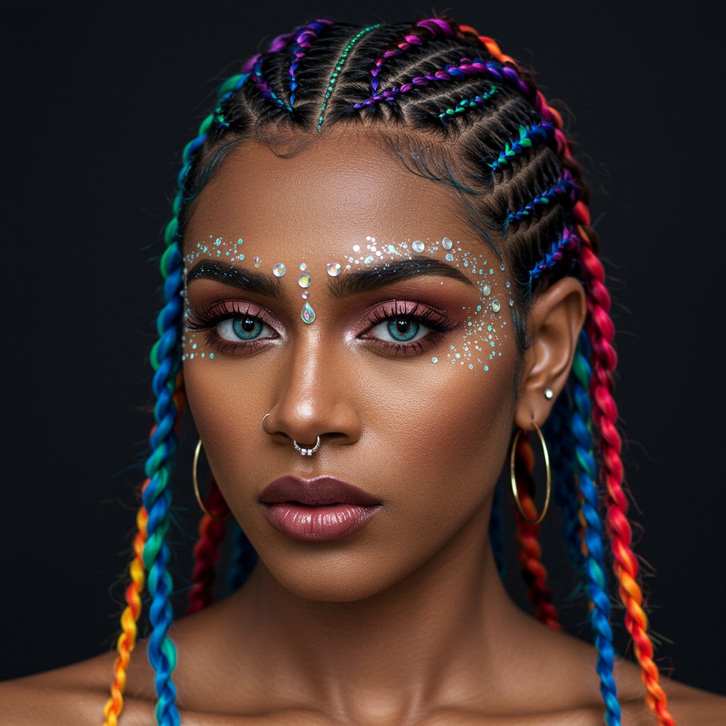 Combined Look With Rainbow Braids And Gems