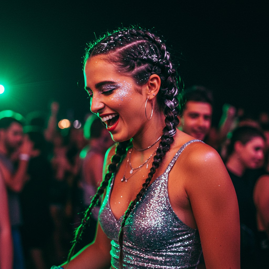 Woman With Double Dutch Braids And Glitter
