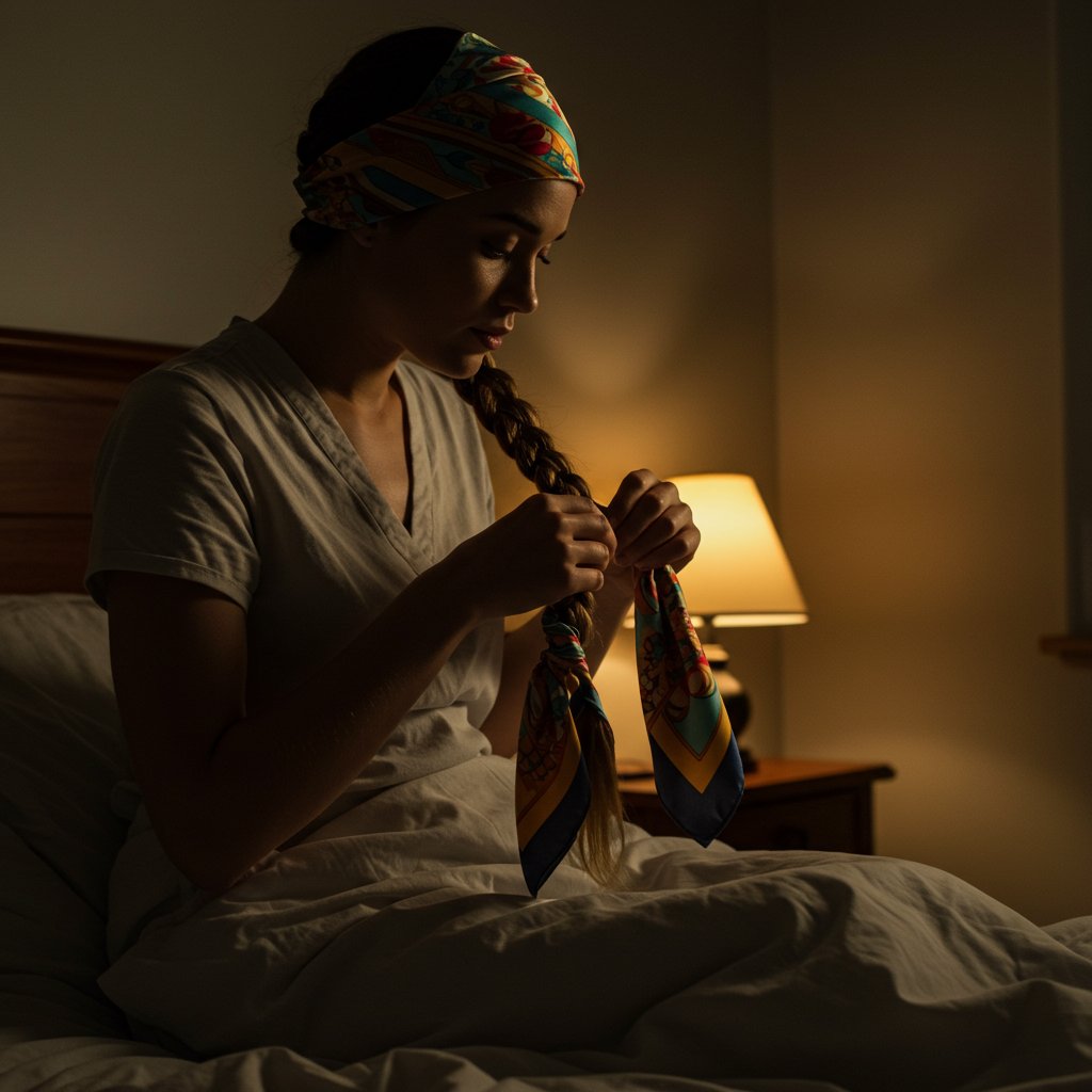 Woman Wrapping Braids In Silk Scarf